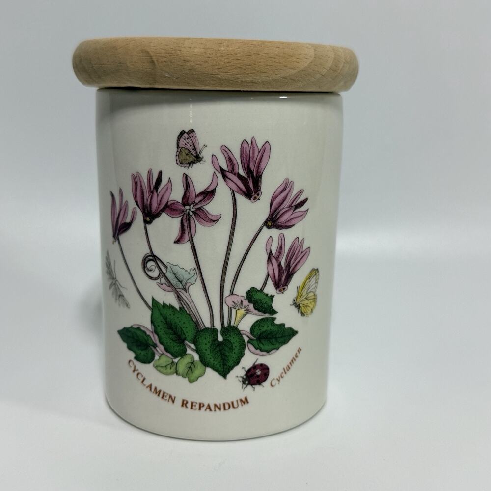 Portmeirion Cyclamen Repandum Jar Wood Lid 5.5" Botanic Garden Pink Green